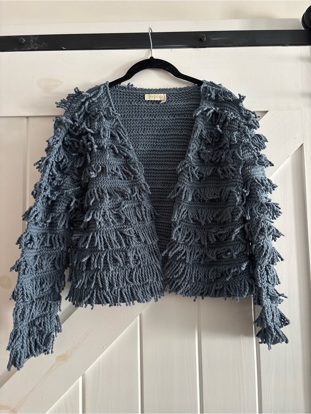 Tejido Fringe Knit Open-Front Sweater Cardigan - Blue